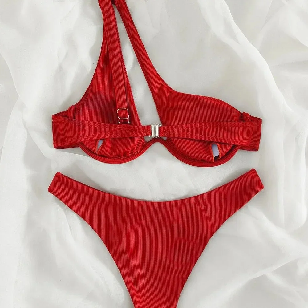 Red Women's Beach Rib Cut Out One Shoulder Bikini swimsuit